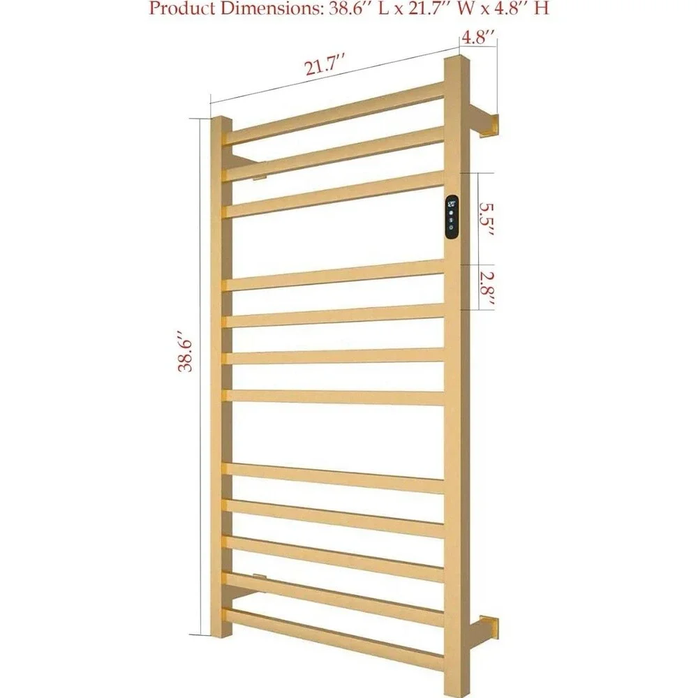 12 Bar Heated Towel Warmer Rack Brushed Gold Wall Mount Timer Adjustable Temp